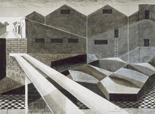 Melvyn Robinson, 'Barnsley Canal II', watercolour, ink and crayon on paper, presents a contemporary reimagining of the original 'Barnsley Canal (1954)', transforming the scene through a minimalist lens of structural and geometric clarity.