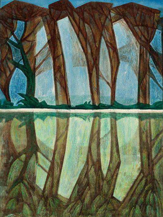 "Trees at Blacker Green" by Melvyn Robinson – crayon landscape of trees reflected in calm water at a quiet Yorkshire reservoir.