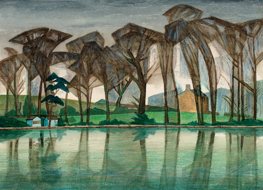 “Blacker Green Dam” by Melvyn Robinson – serene Yorkshire landscape with woodland, fields, and calm reflective waters.