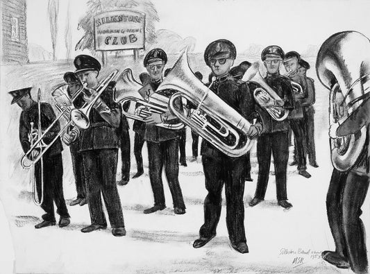 Melvyn Robinson, 'Silkstone Band (1953)', watercolour on paper, offers an intimate glimpse into the artist’s youth, depicting him playing trombone in a South Yorkshire colliery brass band.