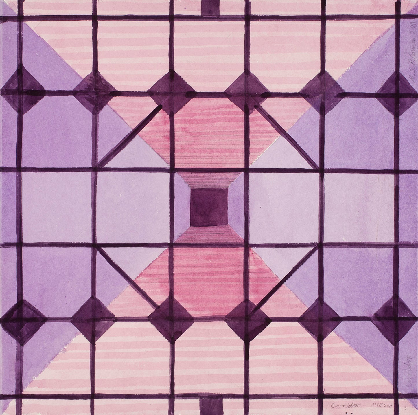 “Corridor” by Melvyn Robinson – watercolour blending architectural and abstract forms with delicate washes and layered tones.