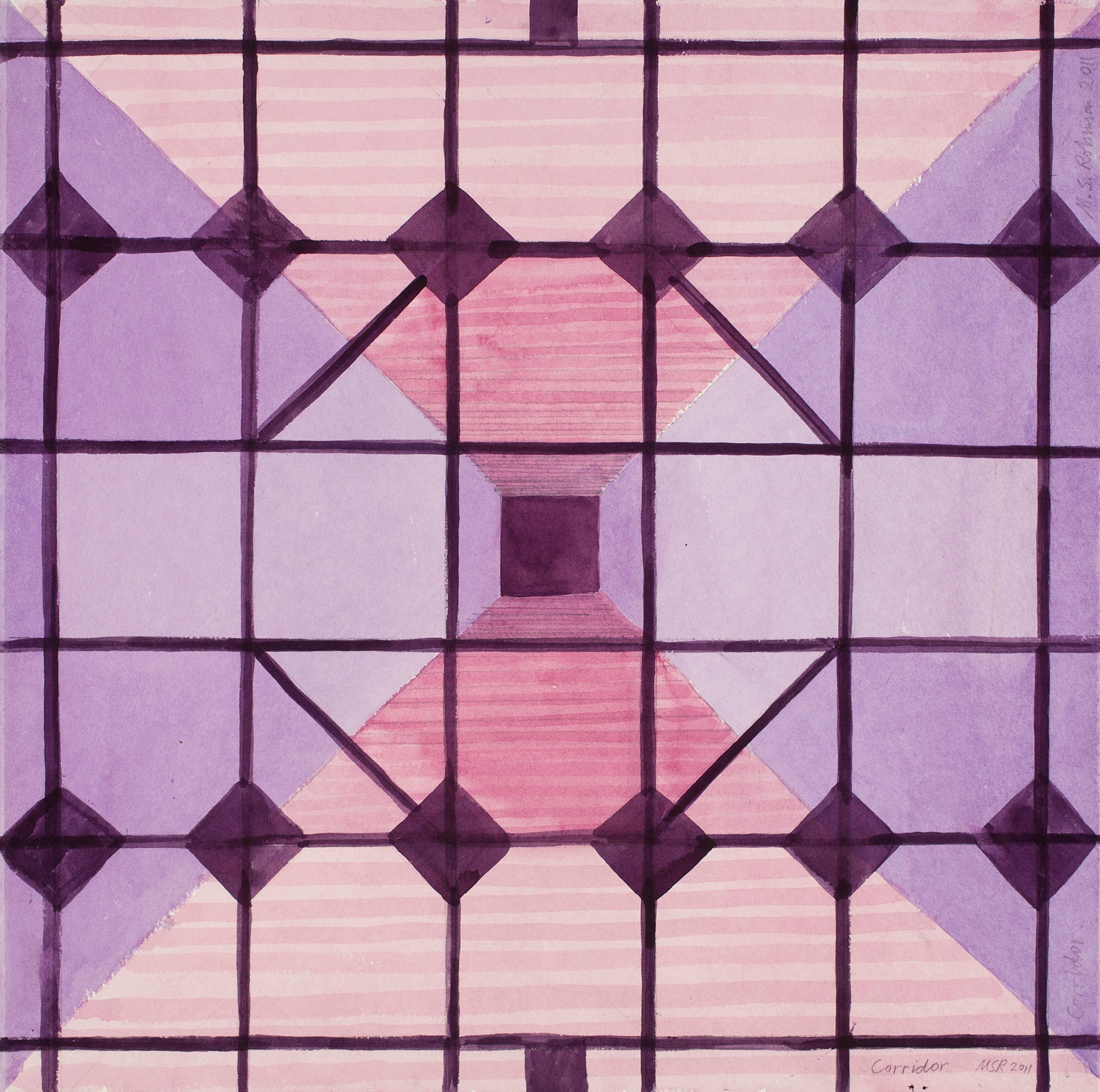 “Corridor” by Melvyn Robinson – watercolour blending architectural and abstract forms with delicate washes and layered tones.