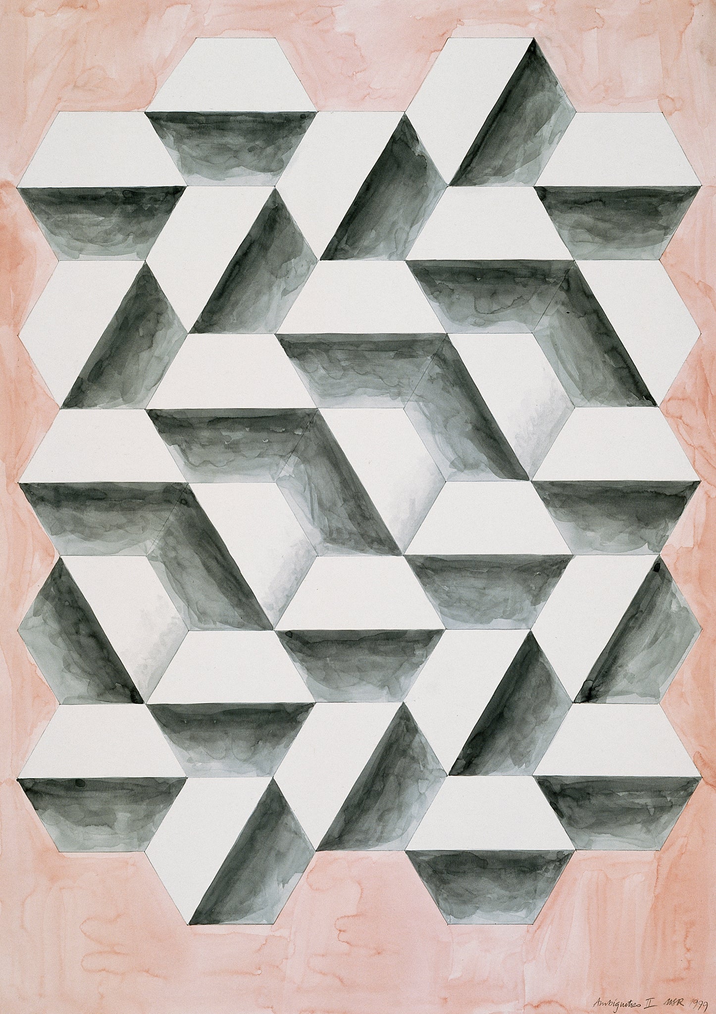 "Ambiguities II" by Melvyn Robinson – watercolour geometric abstraction of hexagons creating depth, movement, and optical intrigue.