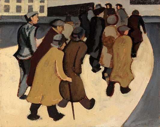Melvyn Robinson, 'Walking to Pit I', oil on canvas. A heartfelt depiction of miners walking to work, symbolising resilience, heritage, and the artist’s personal connection through his miner father.