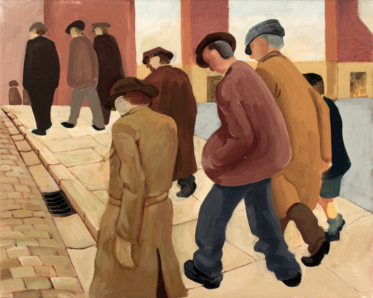 Melvyn Robinson, 'Walking to Pit II', oil on canvas. A heartfelt depiction of miners walking to work, symbolising resilience, heritage, and the artist’s personal connection through his miner father.