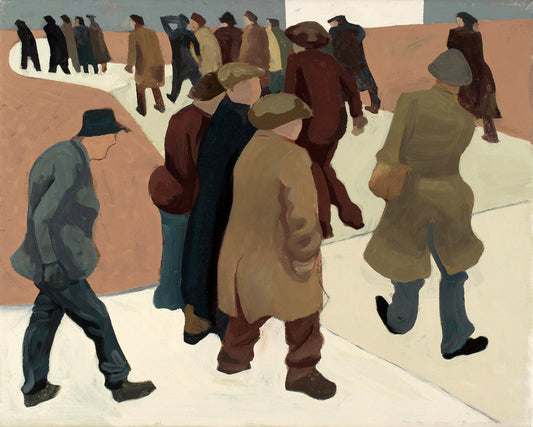 Melvyn Robinson, 'Walking to Pit III', oil on canvas. A heartfelt depiction of miners walking to work, symbolising resilience, heritage, and the artist’s personal connection through his miner father.