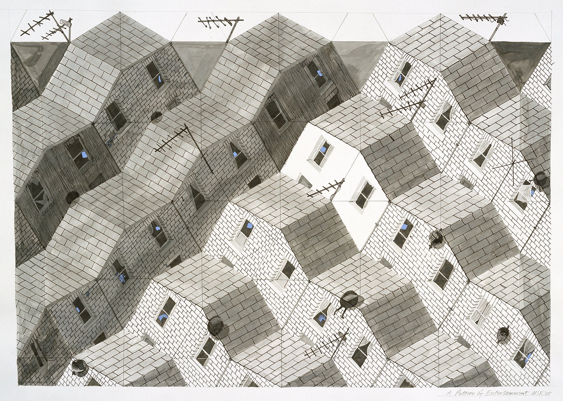 "A Pattern of Entertainment" by Melvyn Robinson – watercolour of geometric houses blending architecture and human stories.