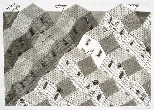 "A Pattern of Entertainment" by Melvyn Robinson – watercolour of geometric houses blending architecture and human stories.