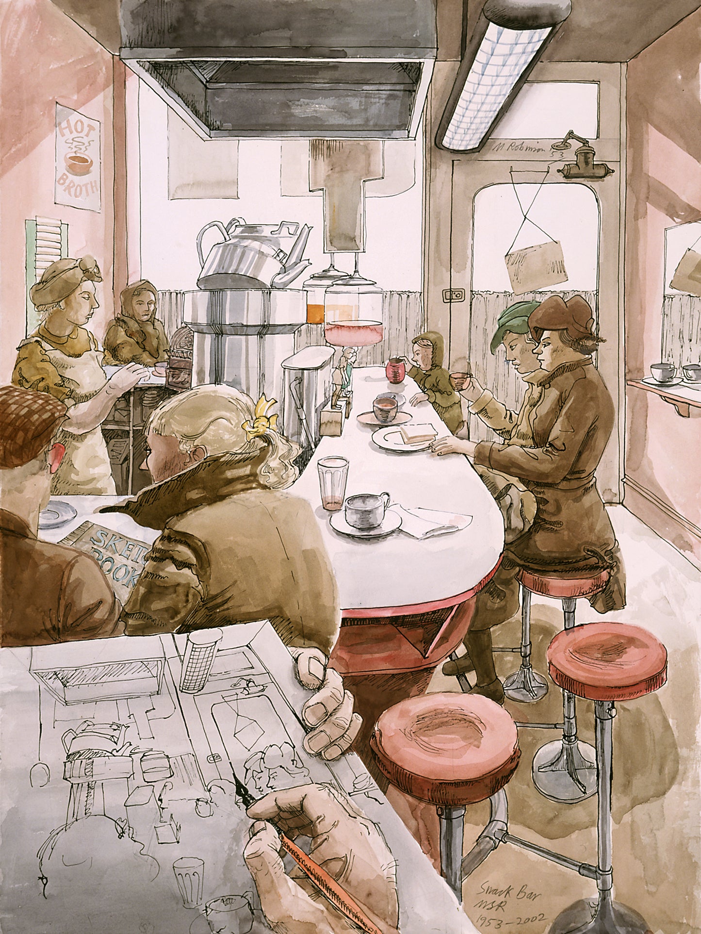 Melvyn Robinson, 'Snack Bar,' watercolour and ink on paper, part of the 'Snack Bar Barnsley' set. The set evolves from a detailed vintage snack bar scene to an exploration of its underlying structures, culminating in an abstraction of geometric forms.