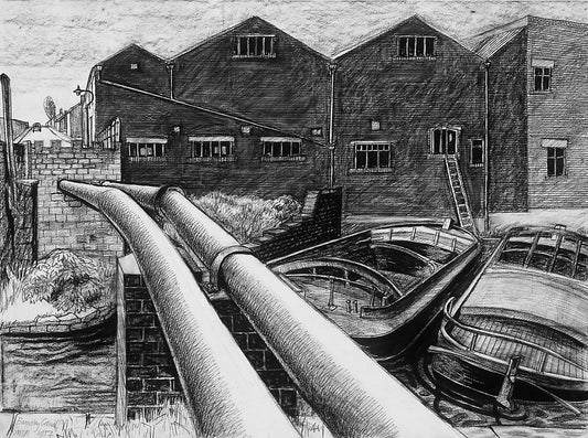 Melvyn Robinson, 'Barnsley Canal I', ink and crayon on paper, depicting a tranquil canal scene with fine detail, subtly evoking the industrial heritage of Barnsley beneath its calm surface.