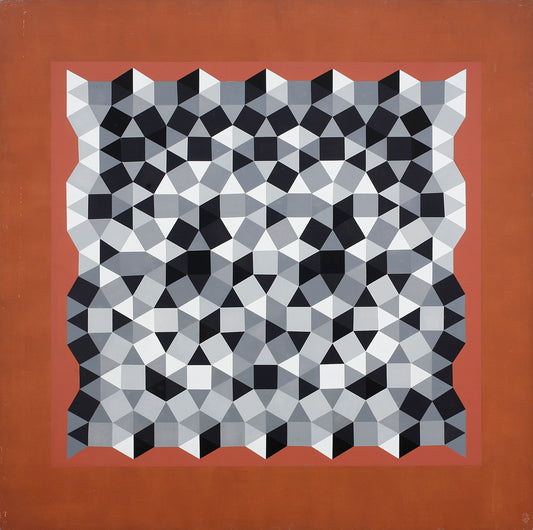“Tessellated Painting I” by Melvyn Robinson – hand-painted geometric tessellations in black, grey, white, and reddish browns.