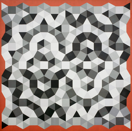 “Tessellated Painting V” by Melvyn Robinson – ink and acrylic geometric work in black, white, and red inspired by digital patterns.