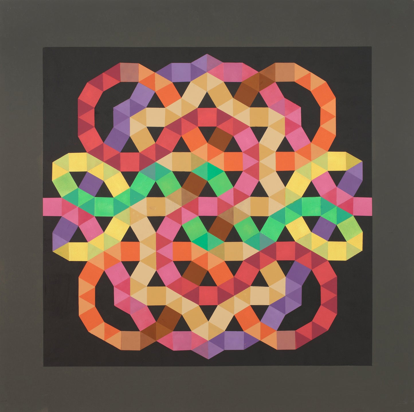 "Tessellated Painting VIII" by Melvyn Robinson – hand-crafted geometric abstraction with vibrant, maze-like patterns.