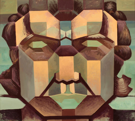 "Head" by Melvyn Robinson – bold geometric self-portrait with sharp angles and layered shapes creating 3D depth.