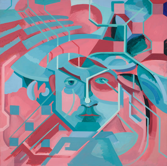 “Octagonal Head II” by Melvyn Robinson – oil painting of a faceted head with bold geometric lines symbolizing control.