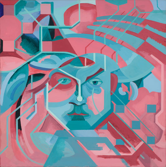 “Octagonal Head I” by Melvyn Robinson – oil painting of a faceted head with bold geometric lines symbolizing control.