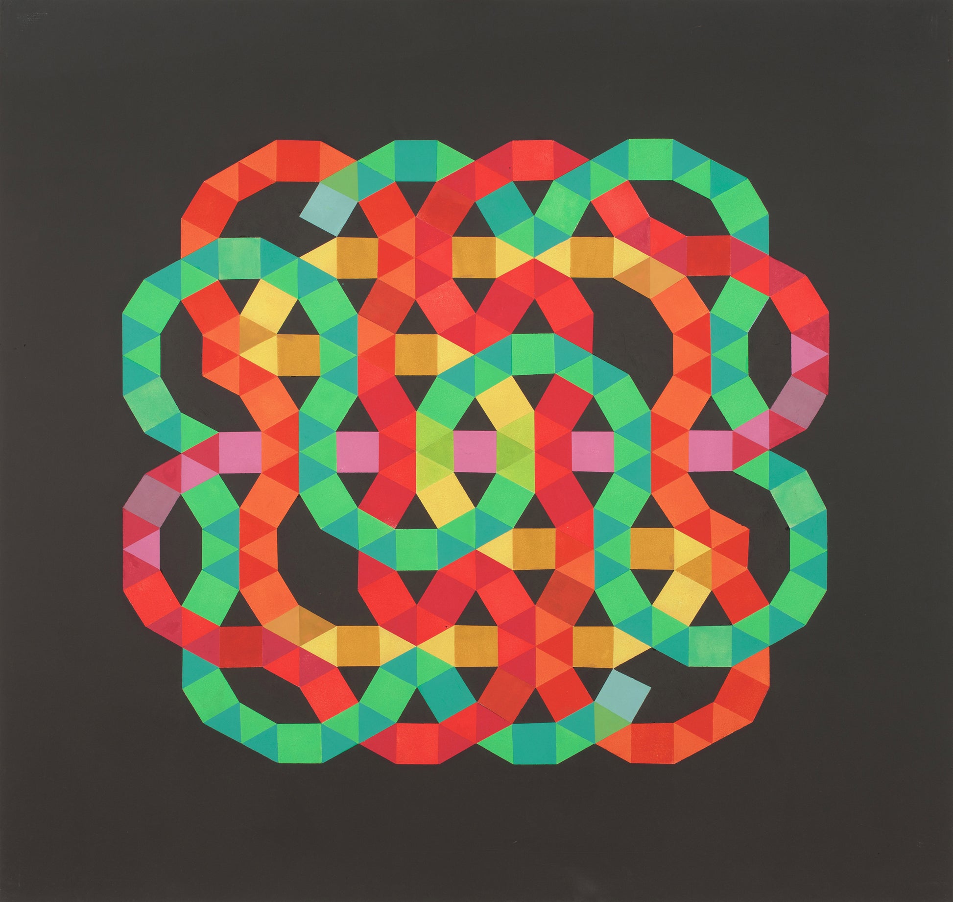 "Tessellated Painting IX" by Melvyn Robinson – hand-crafted geometric abstraction with vibrant, maze-like patterns.