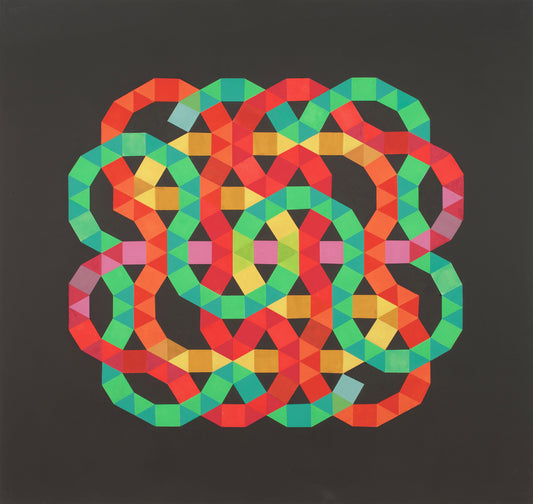 "Tessellated Painting IX" by Melvyn Robinson – hand-crafted geometric abstraction with vibrant, maze-like patterns.