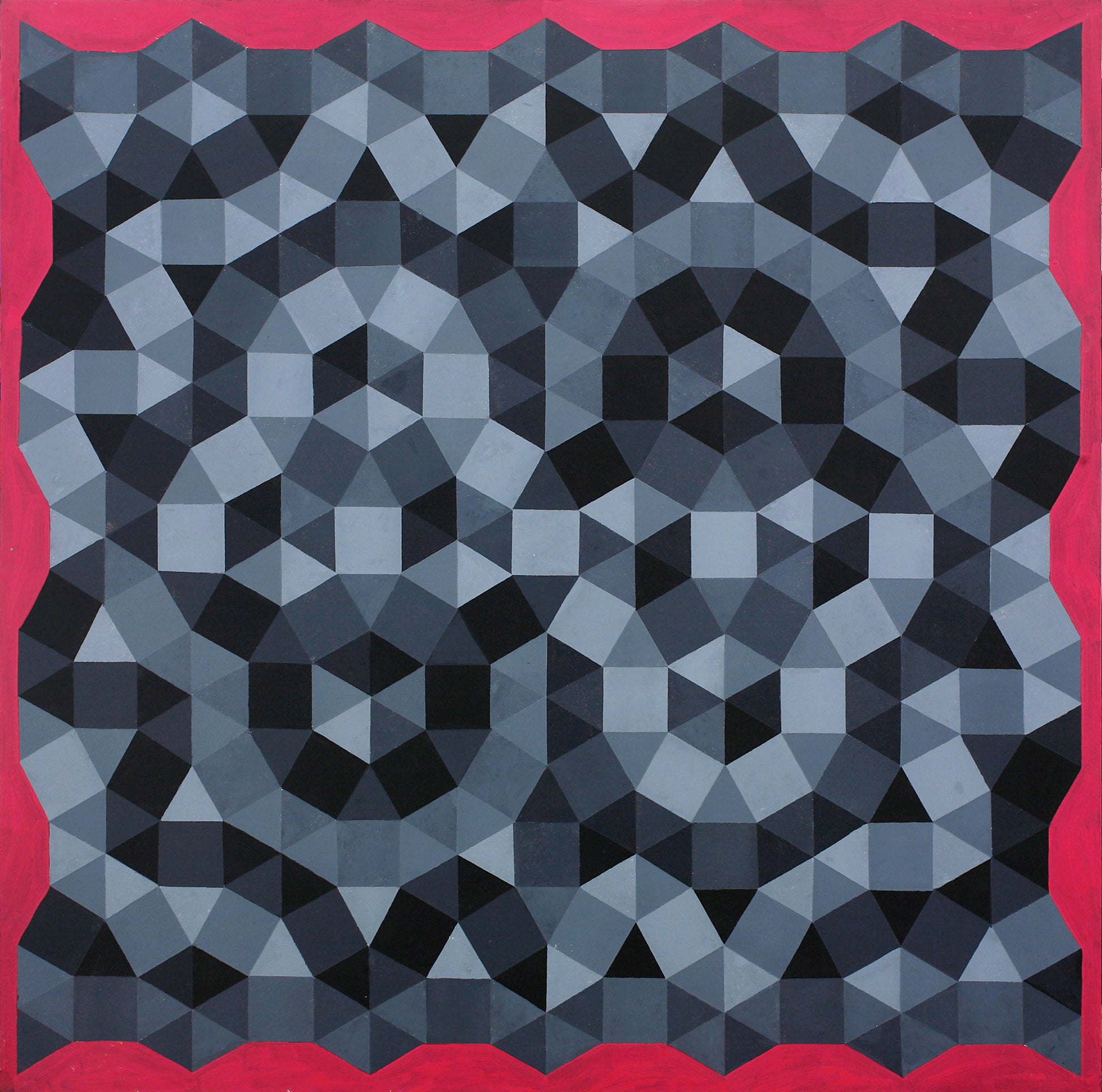 Melvyn Robinson, 'Tessellated Painting VI', ink and acrylic on paper, featuring hand-drawn geometric tessellations in black, grey, and red, evoking digital aesthetics and exploring the complexity of algorithmic structure through analogue precision.