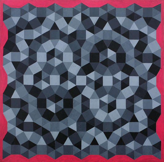 “Tessellated Painting VI” by Melvyn Robinson – ink and acrylic geometric design in black, grey, and red inspired by digital patterns.
