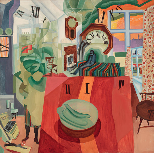 “Time I” by Melvyn Robinson – oil on canvas with fragmented imagery and a central grandfather clock exploring the concept of time.