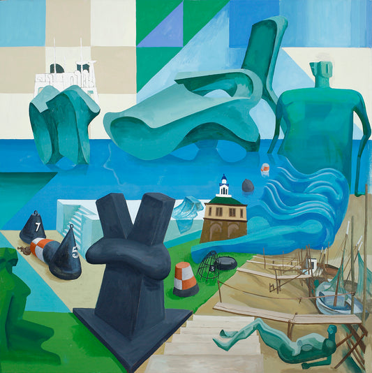 "King’s Lynn" by Melvyn Robinson – layered painting of a Norfolk seaside holiday with memories and Henry Moore references.