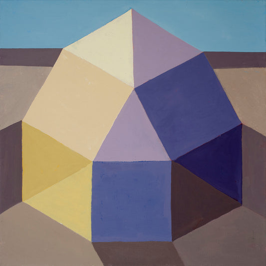 “Hut” by Melvyn Robinson – oil painting with simple geometric shapes and dreamy blue tones, inspired by phenomenology.