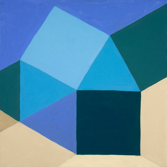 “Shelter” by Melvyn Robinson – oil painting with simple geometric forms and dreamy blue tones, inspired by phenomenology.