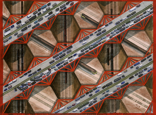 “Transport Problems” by Melvyn Robinson – watercolour and crayon showing traffic and rail chaos with bold geometric tessellations.