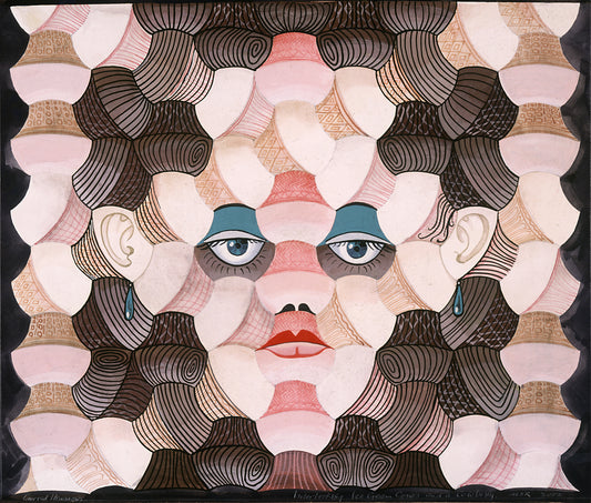 “Ice Cream Lady” by Melvyn Robinson – watercolour and ink on paper with interlocking ice cream cones forming a face in a creative design.