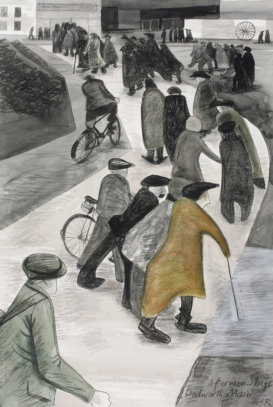 Melvyn Robinson, 'Afternoon Shift Dodworth Main,' watercolour on paper, depicting miners heading to their afternoon shift at Dodworth Main Colliery, capturing the camaraderie and resilience of the mining community against an industrial Yorkshire backdrop.