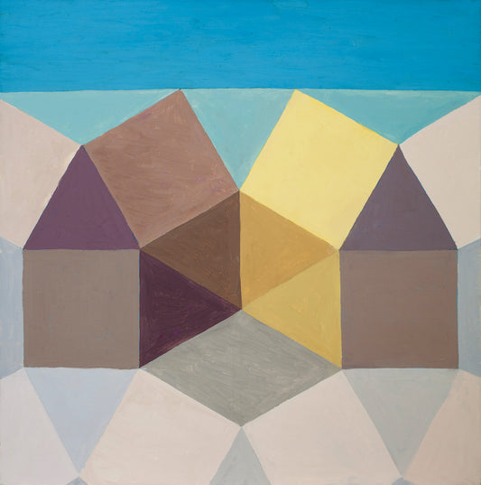 “Cabins” by Melvyn Robinson – oil painting with simple geometric forms and dreamy blue tones, inspired by phenomenology.