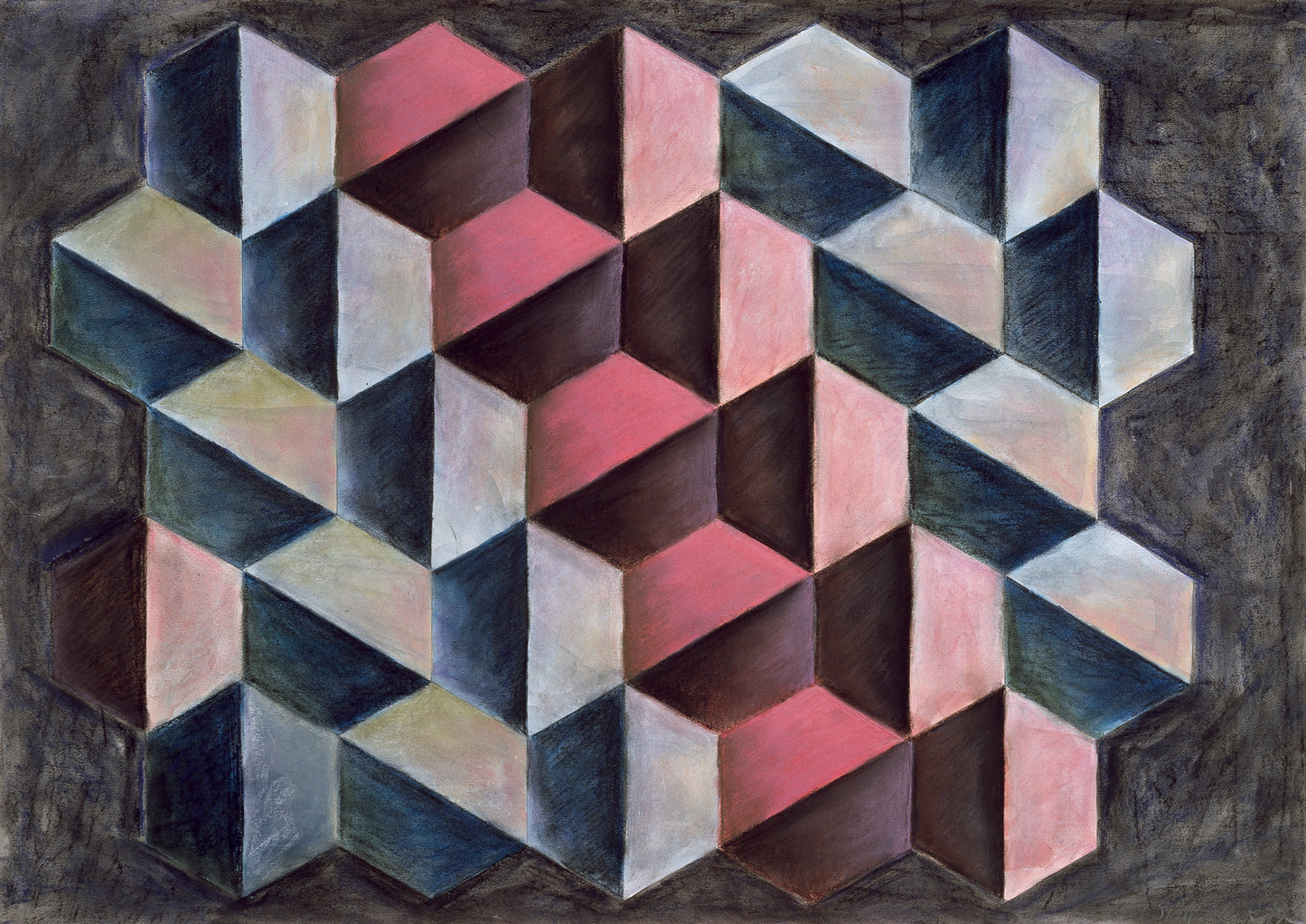"Red Stair" by Melvyn Robinson – watercolour and chalk geometric illusion of rising hexagons in layered three-dimensional space.