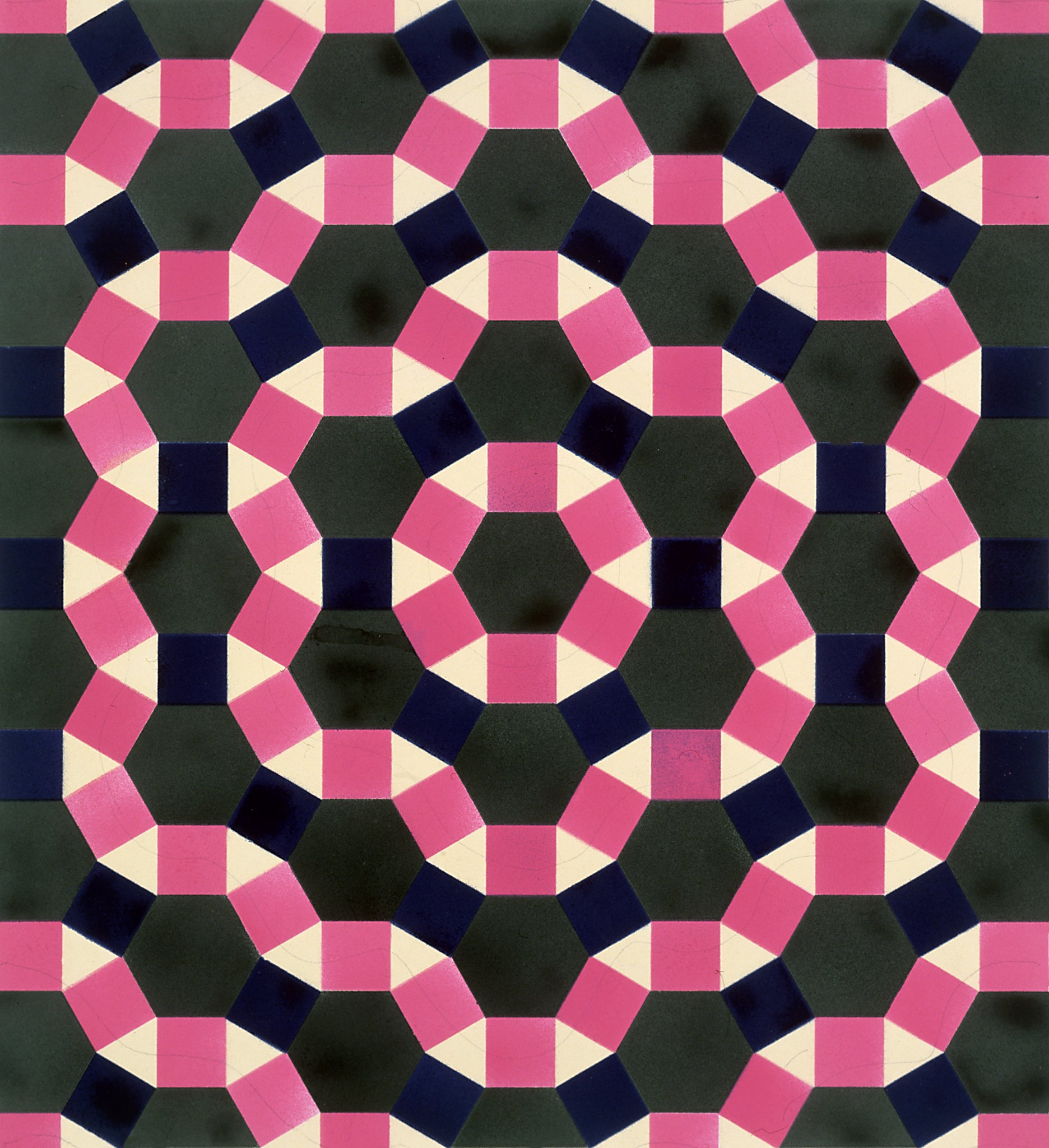 “Stencil D5 III” by Melvyn Robinson – spray paint geometric tessellations on paper blending precision and innovative two-dimensional design.
