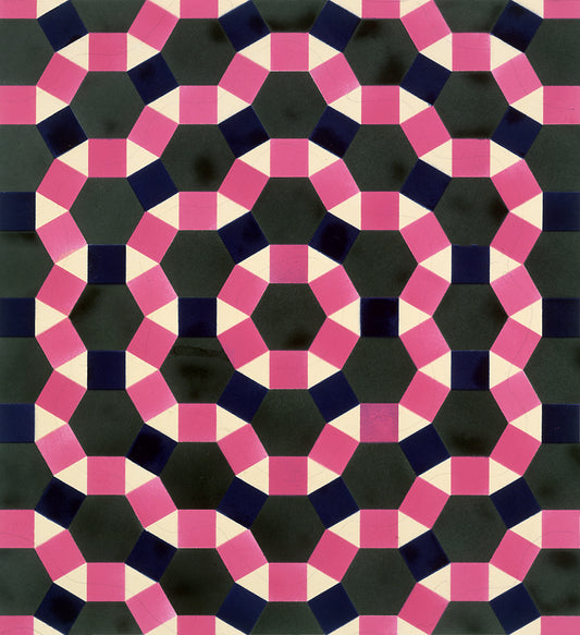 “Stencil D5 III” by Melvyn Robinson – spray paint geometric tessellations on paper blending precision and innovative two-dimensional design.
